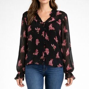 Anthropologie Black Sheer Floral Blouse 🌹 Romantic Goth Boho